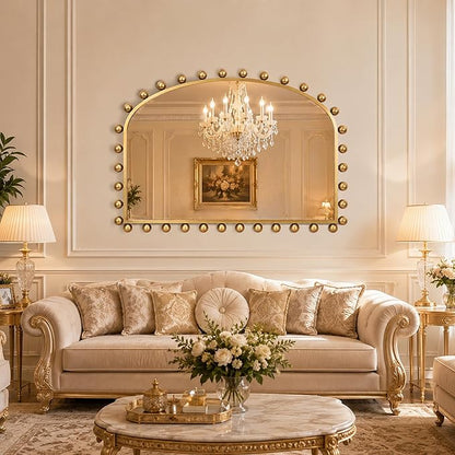 36"x28" Wide Arched Wall Mirror, Antique Gold Ball Frame with Beveled Glass, Large Horizontal Mantel Piece Over Fireplace or Above Sofa, Statement Metal Frame for Living Room