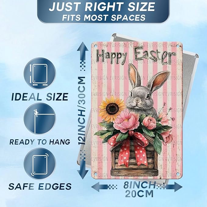 Easter Bunny Flower Basket Metal Tin Sign“Happy Easter” Retro Vintage Art Wall Plaque Spring Decor for Homes, Living Rooms, Gardens 8x12Inch