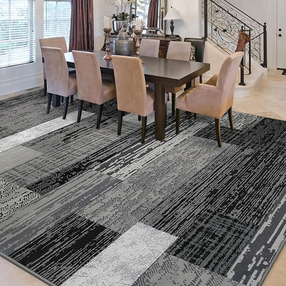 FlyDOIT Modern Geometric Patchwork Area Rug, 9x12 Grey Large Rugs for Living Room, Rockwood Collection Indoor Rugs for Bedroom, Throw Carpet Floor Decor for Entryway Dining Room Office Nursery