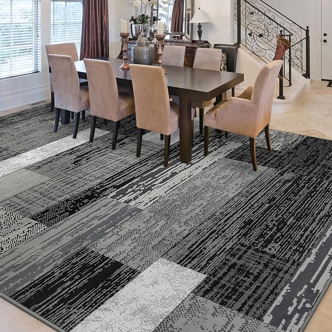 FlyDOIT Modern Geometric Patchwork Area Rug, 6x9 Grey Large Rugs for Living Room, Rockwood Collection Indoor Rugs for Bedroom, Throw Carpet Floor Decor for Entryway Dining Room Office Nursery