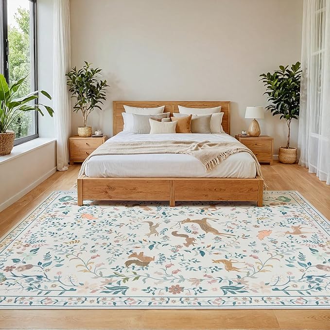 5x7 Area Rugs Washable Rug: Lagre Boho Living Room Rug Soft Non-Slip Thin Carpet Indoor Floor Non-Shedding Neutral Floral Carpets for Bedroom Dining Room Farmhouse Nursery Cream Gray