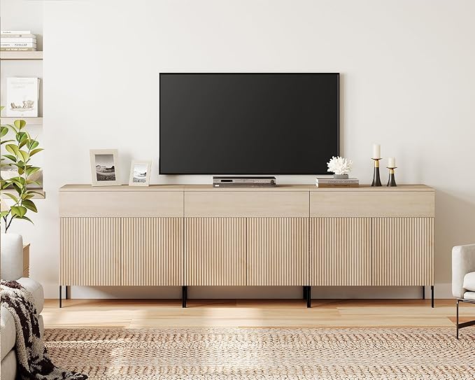 WAMPAT Fluted TV Stand TVs up to 100 inch, 94.5" W Modern TV Entertainment Center with Storage Cabinets and 3 Drawers & 6 Doors, Wood Media TV Console Table with Storage for Living Room, Beige