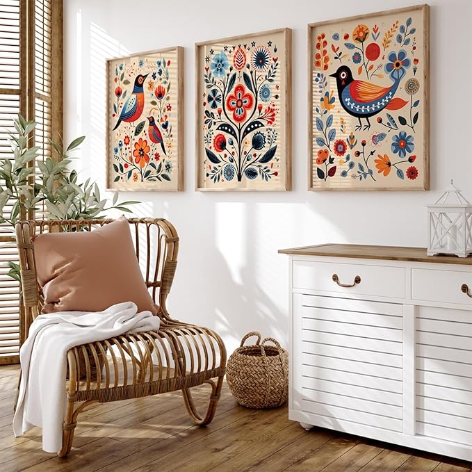 Scandinavian Folk Wall Art Nodic Flower Canvas Wall Decor Norwegian Wall Art Poster Swedish Antique Wall Decor Pictures Floral Bird Prints Vintage Poster for Home Kitchen 24x36x3 Inch Unframed