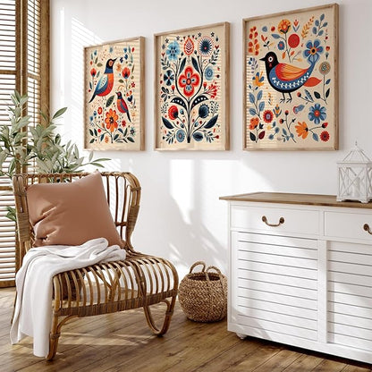 Scandinavian Folk Wall Art Nodic Flower Canvas Wall Decor Norwegian Wall Art Poster Swedish Antique Wall Decor Pictures Floral Bird Prints Vintage Poster for Home Kitchen 12x16x3 Inch Unframed