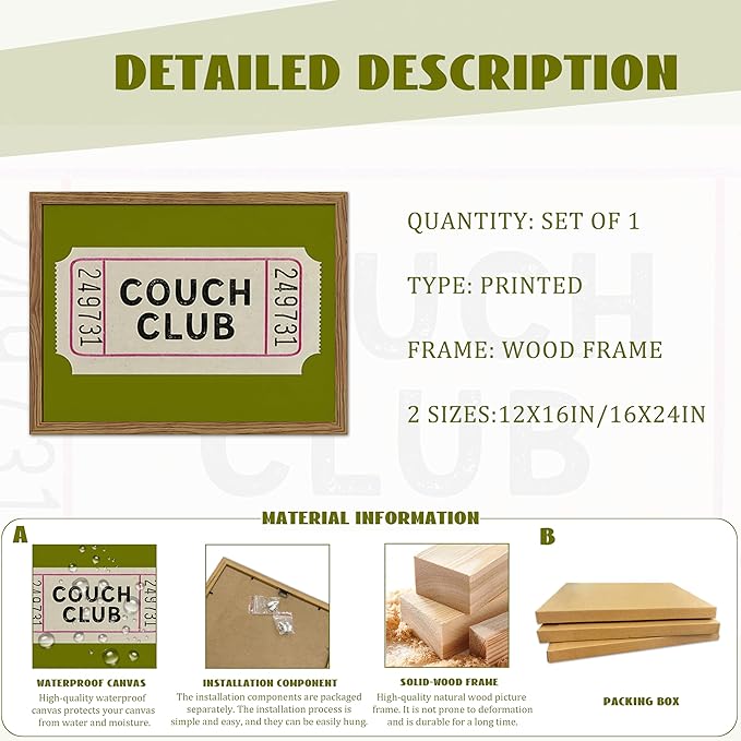 Vintage Framed Wall Art, Couch Club Ticket Canvas Wall Decor Painting, Retro Green Minimalist Quote Poster Print Picture for Living Room Bathroom Home Decor 12x16 Inch