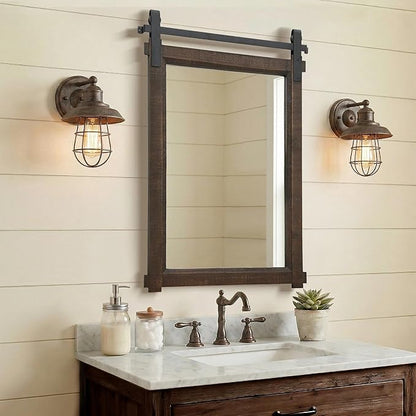 Besdomus Bathroom Rustic Wall Mirror: 24"x36" Brown Barn Door Farmhouse Solid Cedar Wood Frame - Wall Vanity Mirror for Bathroom/Entryway/Bedroom - Home Decor for Modern Farmhouse Enthusiasts