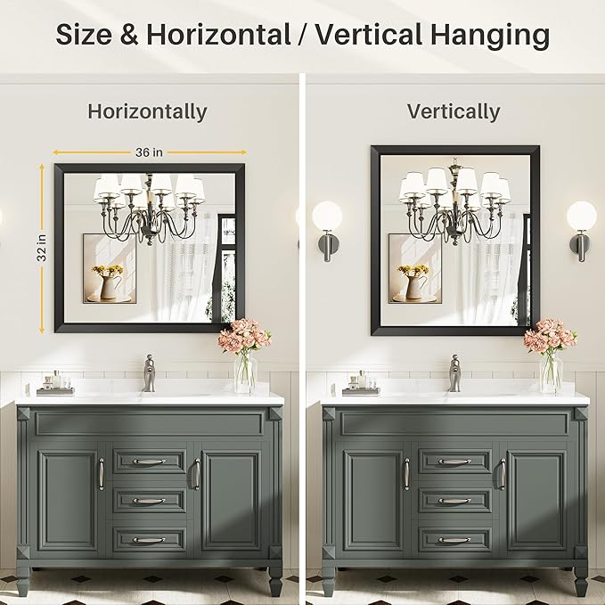 Briivue 36x32 Inch Black Bathroom Mirror for Wall, Thick Metal Framed Rectangle Mirrors for Over Sink, Bedroom, Living Room, Entryway, Anti-Rust, HD Tempered Glass