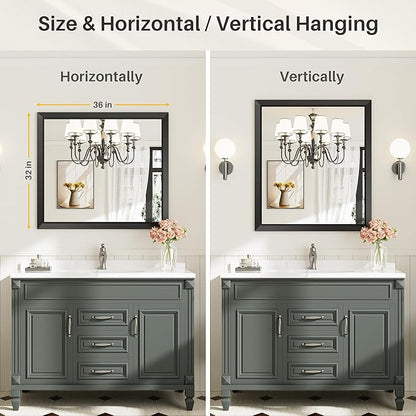 Briivue 36x32 Inch Black Bathroom Mirror for Wall, Thick Metal Framed Rectangle Mirrors for Over Sink, Bedroom, Living Room, Entryway, Anti-Rust, HD Tempered Glass