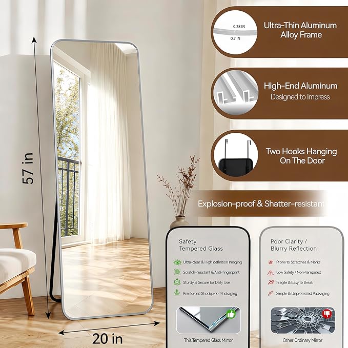 NARCISSUS 57x20 Mirror Door Hanging Full Length Body with Floor Stand or Wall Mounted Metal Aluminum Frame Tempered Glass Rectangle Mirrors for Bedroom Dressing Living Room Bathroom 57 inch Silver