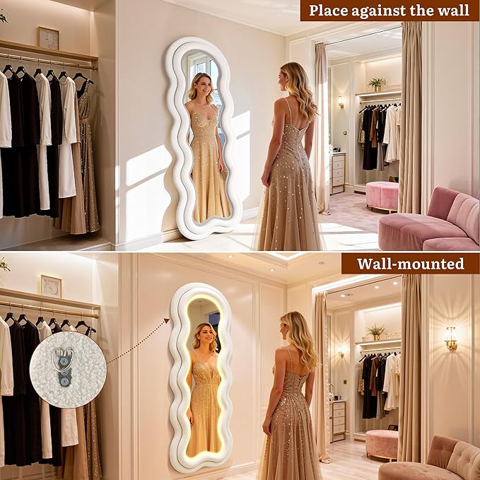 Wavy Wavy Full Length Mirror, 63"×24" Irregular Full Body Mirror with 3-Color Adjustable Light, Luxury Teddy-Velvet Frame Floor/Wall Mounted Mirror for Living Room/Bedroom/Dressing Room