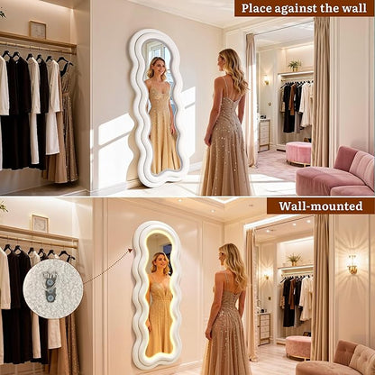 Wavy Wavy Full Length Mirror, 63"×24" Irregular Full Body Mirror with 3-Color Adjustable Light, Luxury Teddy-Velvet Frame Floor/Wall Mounted Mirror for Living Room/Bedroom/Dressing Room