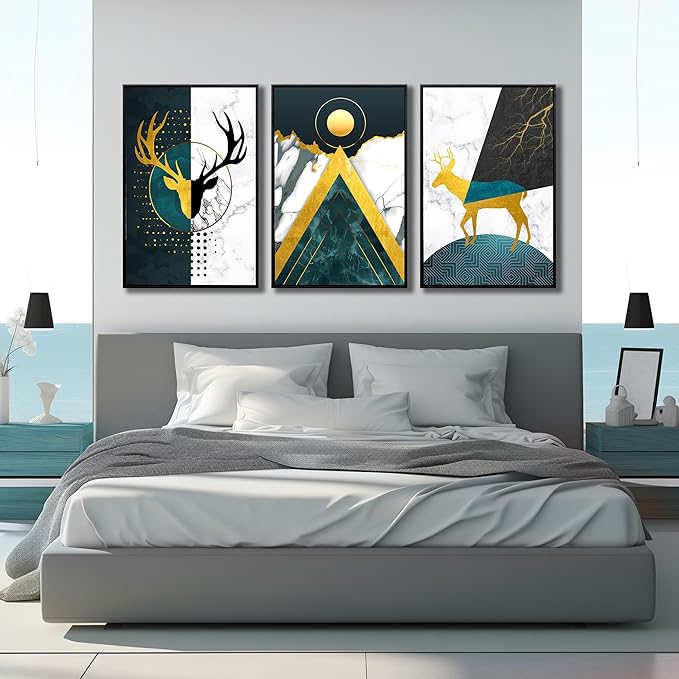 Boho Canvas Wall Art Set of 3 with Black Frame, Abstract Minimalismt Bohemian Deer & Geometric Pictures Prints Artwork Paintings Wall Decor for Bedroom Living Room Home Decoration 24x36 inches