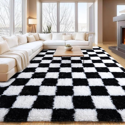 Area Rugs for Living Room, Shaggy Carpets for Living Room, Fuzzy Rugs for Kids' Room, Perfect Decor for Modern Home Black White Grid 9x12 Ft