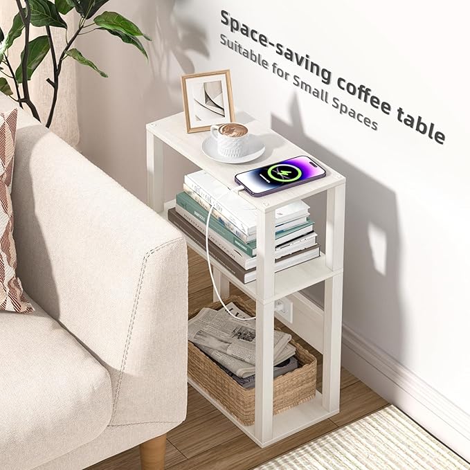 YUFAM 3 Tier Small Narrow Bamboo Side Table Set of 2 with Charging Station - Skinny Nightstand for Small Spaces, Slim Bedside Table with USB Ports and Outlets - Thin End Table with Storage, Grey White