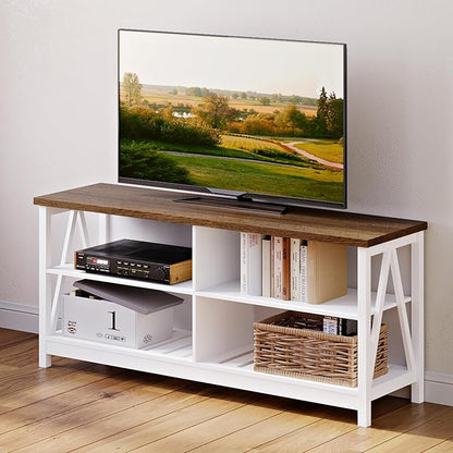 ChooChoo Farmhouse TV Stand for TVs up to 60 Inch, Modern Entertainment Center with 4 Open Shelves & Built-in Cable Holes, Media TV Console for Living Room, Bedroom, White