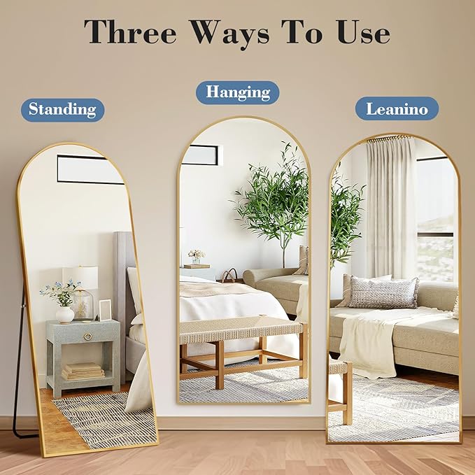 NEWBULIG Arched Mirror Full Length, 56"x21" Body Wall Mirrors with Shatter-Proof Glass, Upgraded Floor Standing Mirror, Hanging or Leaning, with Stand Aluminum Alloy Frame for Home Decor, Gold