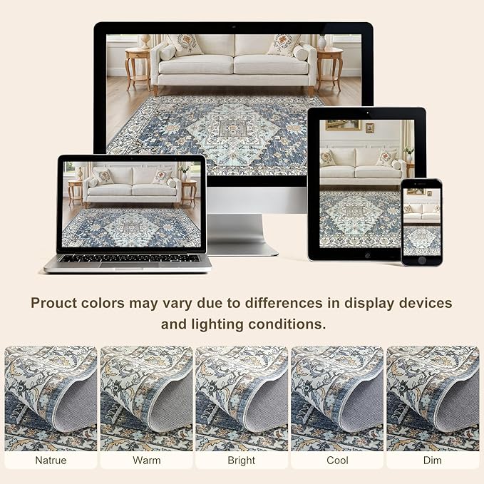 7x9 Washable Area Rugs for Living Room: Non Slip Vintage Blue Yellow Rug, Large Soft Stain Resistant Indoor Floor Carpets for Bedroom Dining Room Nursery Home Office Kid & Pet Friendly