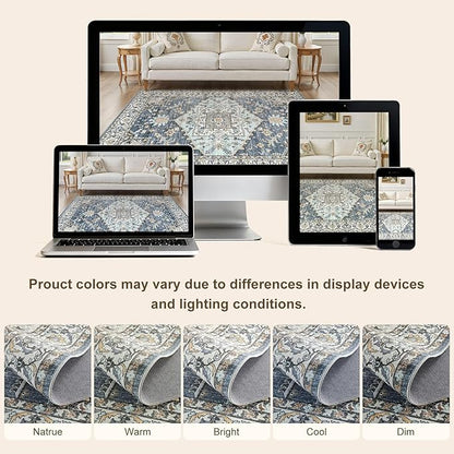 7x9 Washable Area Rugs for Living Room: Non Slip Vintage Blue Yellow Rug, Large Soft Stain Resistant Indoor Floor Carpets for Bedroom Dining Room Nursery Home Office Kid & Pet Friendly