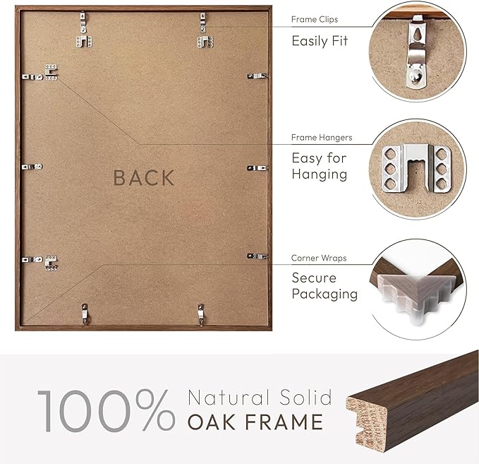 16x20 Picture Frame, Solid Oak 16 x 20 Picture Frame with Mat, 16x20 Natural Wood Frame for Wall Art Photo, (Walnut Set of 1)