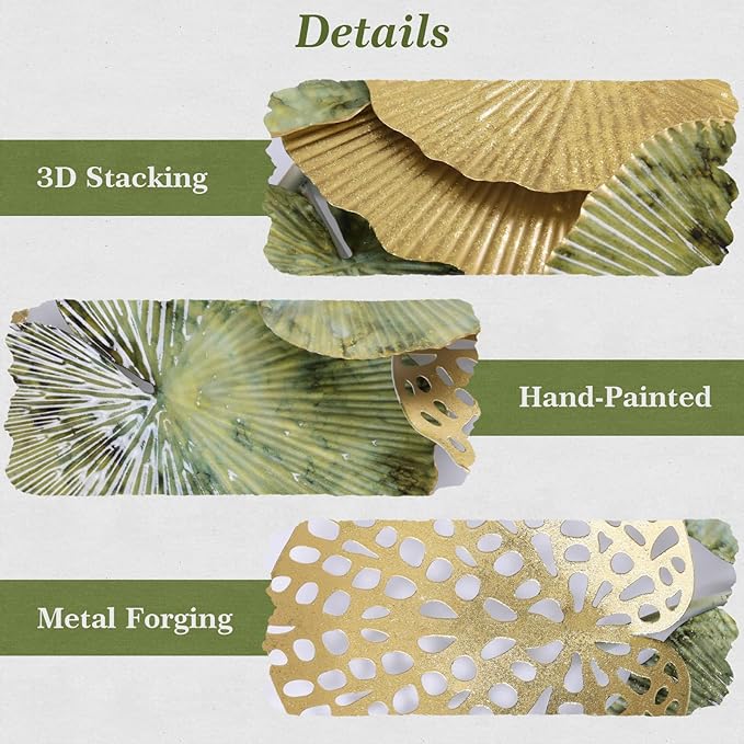 Lucky Monet Large Metal Wall Decor 3D Stacked Metal Wall Art Modern Lotus Leaf Wall Sculptures Hanging Decoration for Living Room Bedroom Entryway, 52.3" x 24.8"