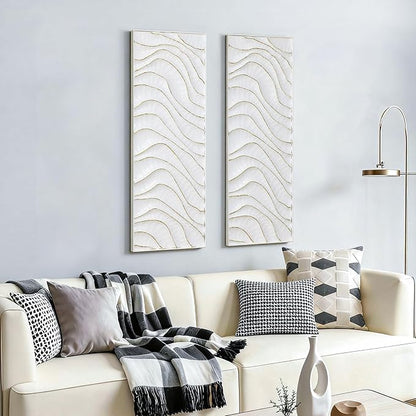 LuxenHome 39.5"H White Metal Wall Decor, Set of 2 Abstract Wall Art for Living Room with Gold Wave Accents, Vertical Wall Hanging Decor for Bedroom, Hallway, Office