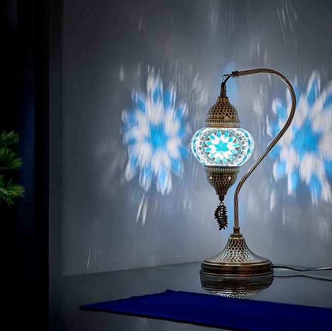 DEMMEX Turkish Moroccan Table Lamp, Swan Neck Tiffany Style Mosaic Glass Table Desk Bedside Lamp for Bedroom, Living Room – Handcrafted in Turkey, Aqua Blue