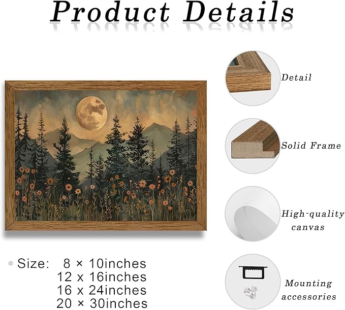 JLTULT Framed Vintage Moon Forest Canvas Wall Art, Moonlight Pine Tree Flower Wall Decor, Woodland Wildflower Picture Prints Artwork for Bedroom Living Room Office Decoration 20x30 inch Easy to Hang
