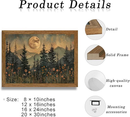 JLTULT Framed Vintage Moon Forest Canvas Wall Art, Moonlight Pine Tree Flower Wall Decor, Woodland Wildflower Picture Prints Artwork for Bedroom Living Room Office Decoration 20x30 inch Easy to Hang