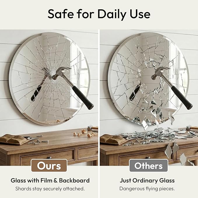 30 Inch Round Frameless Bathroom Mirror with Solid Backing, Beveled Edge Circle Vanity Mirror for Over Sink, Large Wall Mirror for Entryway Fireplace