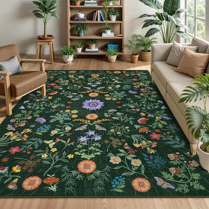 LIVEBOX Sunflower Botanical Washable 8x10 Area Rugs, Green Rug for Living Room, Non Slip Rugs for Bedroom, Boho Floral Indoor Throw Dining Room Carpet for Under Table Home Office Nursery Playroom