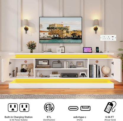 St.Mandyu 81" 2 LED TV Stand for TVs 90/85 inch,High Gloss Gaming Tall Entertainment Center w/Power Outlet,6000-Colors LED Lights,Modern TV Media Console Table with 2 Cabinets for Living Room,White