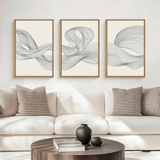 HPNIUB Neutral Abstract Beige Wave Framed Wall Art Set,Minimalist Black Line Wave Wall Decor,Modern Geometric Art Print,Boho Textured Artwork for Living Room, Bedroom,Office-24 x36 x3