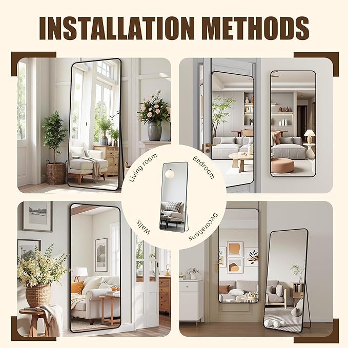 Antok Over The Door Mirror Full Length, 58'' x 21''Wall Mounted Hanging Mirror, Aluminum Alloy Frame, Shatterproof Glass, No Drill Installation for Bedroom, Closet, Bathroom, Dorm, Round Corner,Black