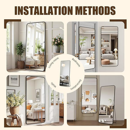 Antok Over The Door Mirror Full Length, 58'' x 21''Wall Mounted Hanging Mirror, Aluminum Alloy Frame, Shatterproof Glass, No Drill Installation for Bedroom, Closet, Bathroom, Dorm, Round Corner,Black