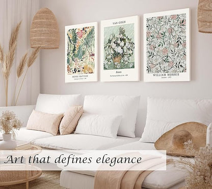 Induslyfe Large Framed Sage Green Vintage Wall Art Canvas Decor Set of 3, Matisse Wall Art Prints Poster Mid Century Modern Art, Aesthetic Floral Botanical wall art, bedroom living room bathroom 18x24