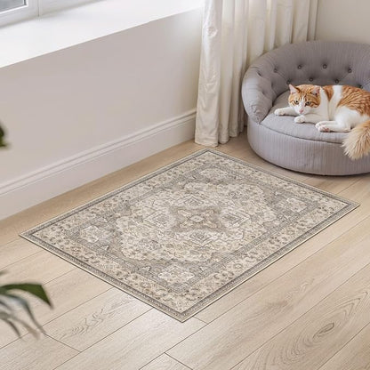 EIEIHOUSE Washable Area Rugs for Living Room -2x3 Neutral Vintage Distressed Floral Farmhouse Boho Large Soft Floor Rug Indoor Non Slip Carpet for Bedroom Dining Room Office - Brown/Multi