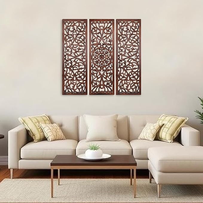 The Wooden Town Wall Hanging Plaques - Wall Plaque Wall Décor Plaques Set of 3-36 x 12 Inch - Burnt, Elegant Sculpture Wall Décor Panel to Enhance the Décor of Your Room or Office