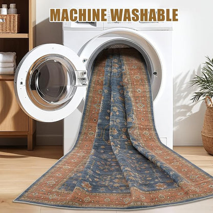 10x12 Area Rug for Living Room- Machine Washable Soft Oriental Vintage Large Indoor Floor Carpet for Bedroom Under Dining Table Home Office Decor - Blue Terracotta