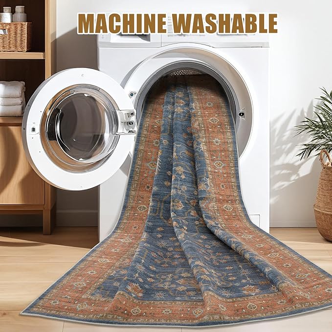 7x9 Area Rug for Living Room- Machine Washable Soft Oriental Vintage Large Indoor Floor Carpet for Bedroom Under Dining Table Home Office Decor - Blue Terracotta