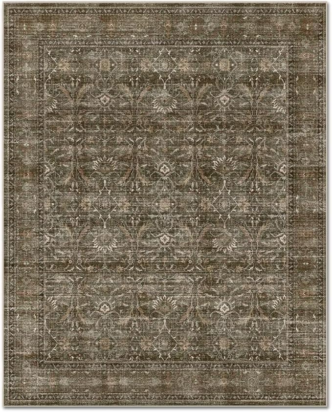 Washable 6x9 Area Rugs for Living Room, Boho Non-Slip Vintage Distress Large Rugs for Bedroom Dining Room Nursery Office, 0.3" Neutral Oriental Throw Thin Carpet, Rust/Multi, D2