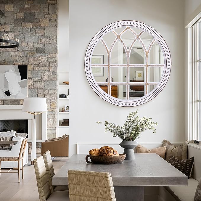 HOITUZYUS 36 Inches Rustic Round Wood Window Mirror, Farmhouse Windowpane Circle Mirrors for Wall Decor, Entryway, Living Room, Bathroom, Bedroom