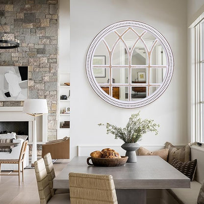 HOITUZYUS 36 Inches Rustic Round Wood Window Mirror, Farmhouse Windowpane Circle Mirrors for Wall Decor, Entryway, Living Room, Bathroom, Bedroom