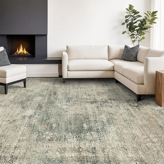 8x12 Farmhouse Rugs for Living Room - Moss Green Large Area Rug for Bedroom Under the Bed, Vintage Distressed Farmhouse Dining Room Carpet, Soft Washable & Stain Resistance