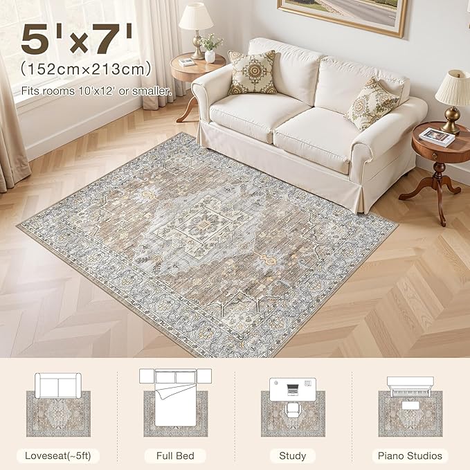 5x7 Washable Area Rugs for Living Room: Non Slip Vintage Brown Gray Rug, Large Soft Stain Resistant Indoor Floor Carpets for Bedroom Dining Room Nursery Home Office Kid & Pet Friendly