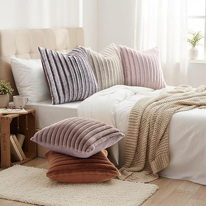 decorUhome Cozy Faux Fur Throw Pillow Covers 26x26 Set of 2 Decorative Soft Plush Striped Modern Farmhouse Boho Couch Euro Sham Pillow Cases with Velvet Back for Sofa Bed Living Room, Brown White