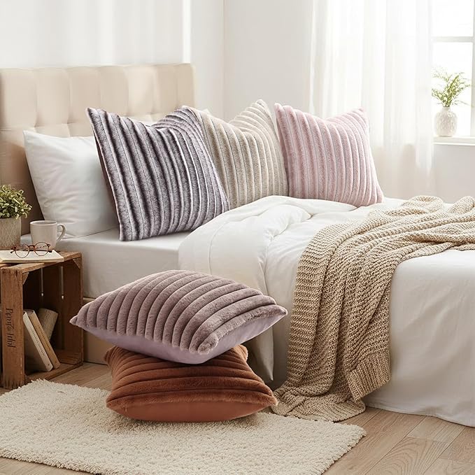 decorUhome Cozy Faux Fur Throw Pillow Covers 12x20 Set of 2 Decorative Soft Plush Striped Lumbar Modern Farmhouse Boho Couch Pillow Cases with Velvet Back for Sofa Bed Living Room, Brown White