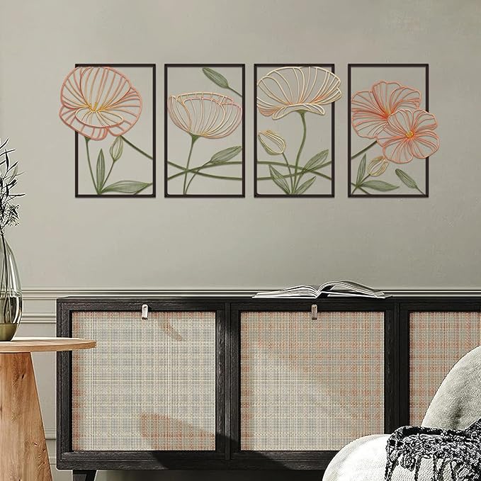 ESTART 4 Pieces Metal Lotus Wall Decor Abstract Floral Aesthetic Splicing Line Art Minimalist Wall Art for Bedroom Flowers Hanging Wall Sculpture for Bathroom Living Room Kitchen Yoga Room (Colorful)
