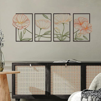 ESTART 4 Pieces Metal Lotus Wall Decor Abstract Floral Aesthetic Splicing Line Art Minimalist Wall Art for Bedroom Flowers Hanging Wall Sculpture for Bathroom Living Room Kitchen Yoga Room (Colorful)