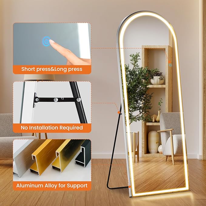 Sweetcrispy Arched Full Length Mirror with LED Lights, 71.3" x26.5 Lighted Floor Mirror with Dimming & 3 Color Lighting, Stand for Bedroom, Dressing Room