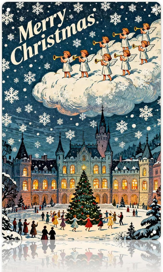 Vintage Christmas Metal Wall Decor Decorations Outdoor Yard Signs- 12x8 Inches Angel Trumpet & Illuminated Castle Scene Sign for Home Kitchen Holiday Wall Decor Outdoor Gathering Spaces Tables Office Wall Shelf Desk Shelf Mantel.